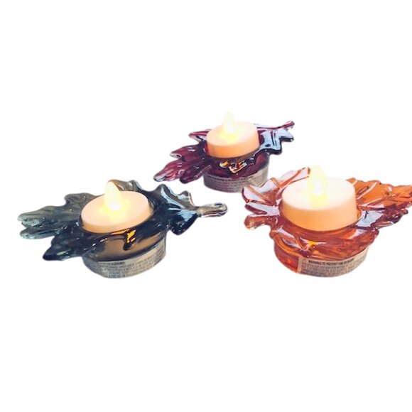 3 Fall Leaves Glass LED Tea Light Votive Candle Holders - Picture 5 of 6